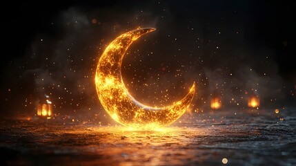 Glowing crescent moon and lanterns reflected in calm waters