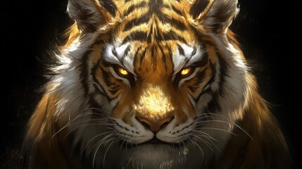 Naklejka premium Striking portrait of a majestic tiger with intensely glowing eyes against a dark canvas creating a captivating and dramatic wildlife scene for viewers
