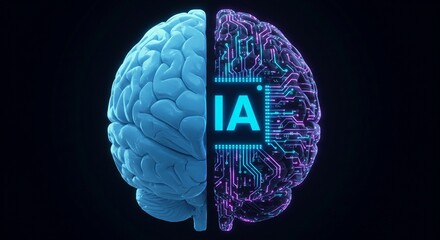 Illuminated "AI" connects the biological and circuit board halves of a stylized brain representing artificial intelligence. generative ai