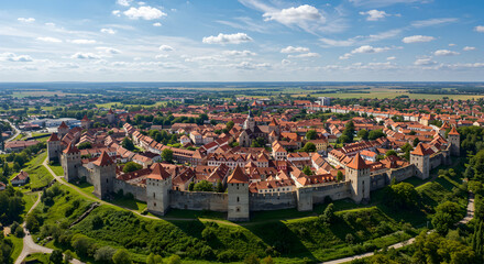 Fototapeta premium High Angle View of Medieval Round Town Featuring Buildings and Red Tiled Roofs Under Bright Sky in Czech Republic