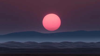 Fototapeta premium Dramatic sunset over vast sand dunes. A vibrant, pink sun sets behind a range of dark, hazy mountains, casting a cool twilight over the desert dunes