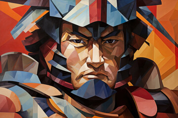 Cubist interpretation of a samurai warrior, angular armor and intense expression