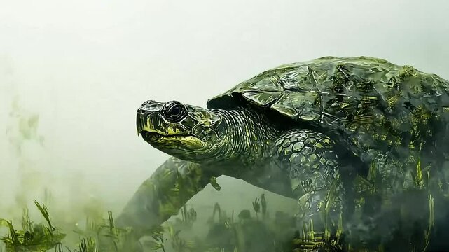 A close-up of a turtle emerging from misty vegetation, showcasing its textured shell and serene environment