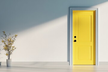 Bright Yellow Door with Decorative Plant in Minimalist Room