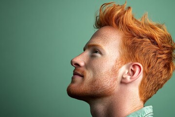 Fototapeta premium Chic men's shoulder-length taper haircut - midlife white man with red hair. Concept of style for aging men. Green solid background. A stylish and confident man with a poised stance.