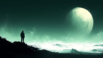 Fototapeta premium Silhouette of a person standing on rocks overlooking a dramatic ocean scene with a large glowing moon in the sky