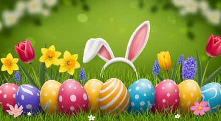 Easter eggs bunny ears flowers in grass