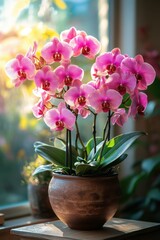 Vibrant pink orchid flowers in a ceramic pot indoor setting still life photography natural light botanical beauty