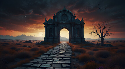 spooky pathway to abandoned land fantasy surreal 3d illustration,generative.ai

