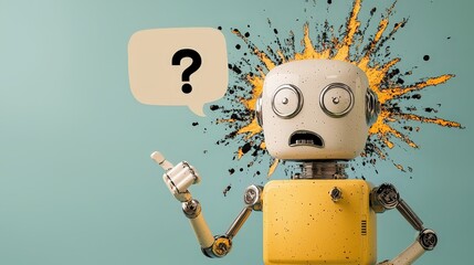 Curious Robot with Yellow Accents and Question Mark Expression