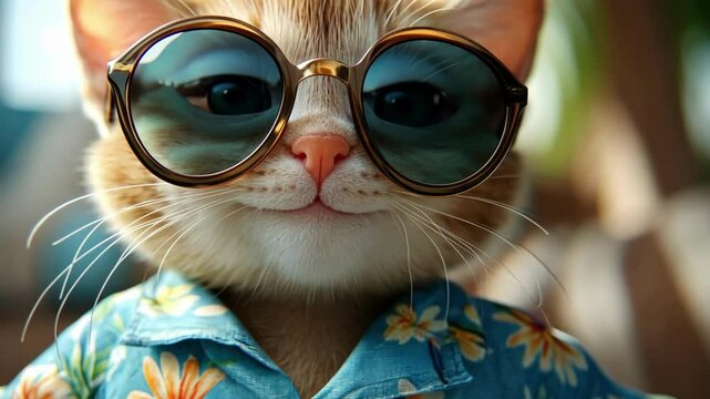 Cute ginger kitten wearing sunglasses and floral shirt smiling confidently indoors