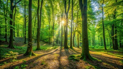 Obraz premium Dense foliage of lush green trees with sunlight filtering through leaves and casting dappled shadows on forest floor , forest floor, vibrant leaves