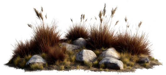 Isolate savanna dry grass meadow shrubs with rocks 
Earth's Elements A Fusion of Grass, Stones, and Soil  on islated transfarent background, PNG.