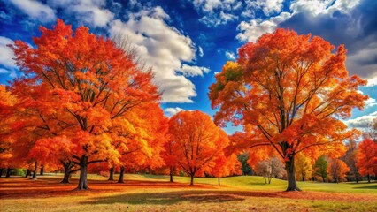 Towering maples and oaks ablaze with vibrant orange and red foliage against a clear blue sky with few clouds and gentle breeze , scenic fall landscape, color palette