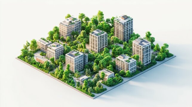 isometric sustainable city with trees in white background made with Generative AI