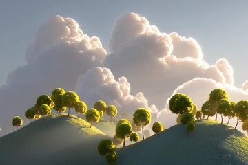serene landscape features rolling hills adorned with fluffy trees under sky filled with soft clouds. gentle light creates peaceful atmosphere, inviting tranquility and reflection