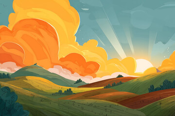 vibrant landscape showcases rolling hills under colorful sky filled with orange and yellow clouds. sun rises, casting warm light over lush fields, creating serene and picturesque scene