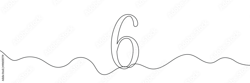 Wall mural number 6 in continuous line drawing style. line art of number nine. vector illustration. abstract dr