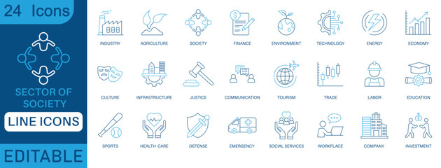 24 editable line icons for sectors of society, industry, finance, education, healthcare, technology, justice, environment, labor, and more. Perfect for reports, infographics, and UI, UX design.
