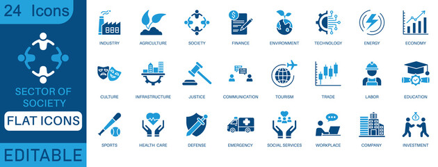 24 editable flat icons representing sectors of society, industry, finance, health care, education, justice, environment, technology, workplace, and more. Ideal for infographics and reports.
