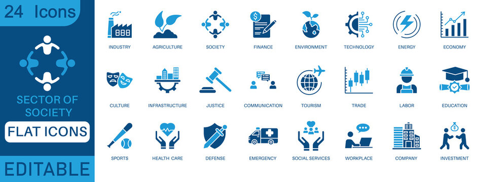 24 editable flat icons representing sectors of society, industry, finance, health care, education, justice, environment, technology, workplace, and more. Ideal for infographics and reports.