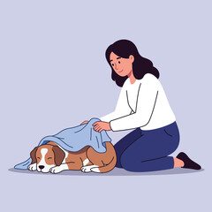 Young woman caring for sleeping dog by covering with blanket in simple flat style vector illustration