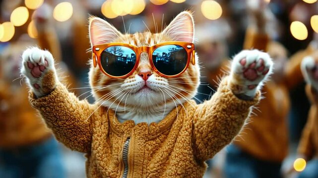 Cool orange cat in sunglasses dancing in a crowd of blurred people