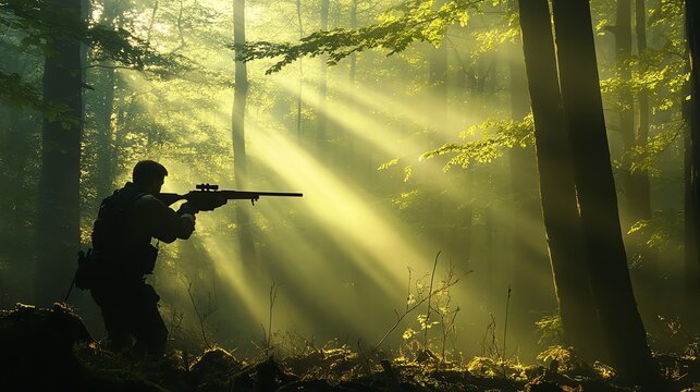 Man Aiming Rifle in Sunlit Forest with Misty Atmospheric Background