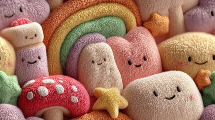 Cute plush characters and rainbow playful scene colorful environment