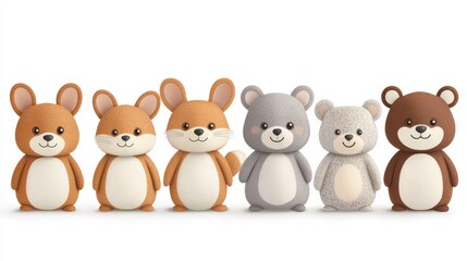 Naklejka premium Delightful row of miniature pixelated plush animal toys offering a playful aesthetic with a nostalgic touch in a whimsical display arrangement