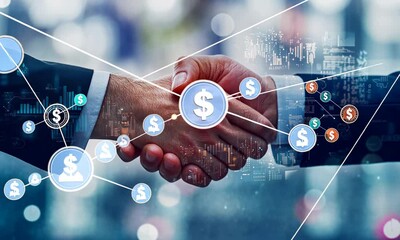 double exposure of a handshake between two business professionals overlaid with symbols of finance like dollar signs, coins, and pie charts - Powered by Adobe