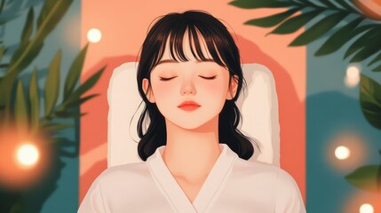 Serene Woman Enjoying Relaxing Back Massage in Tranquil Spa Environment with Soft Lighting and Nature Elements