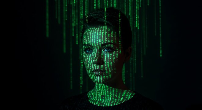 Woman's face illuminated with green binary code, symbolizing digital technology.