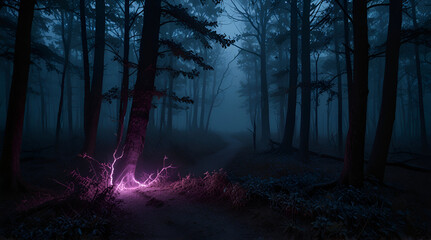 Purple and blue lightning illuminates a dark forest path, fog, blue, forest,generative.ai
