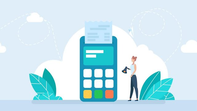 Cash register terminal purchase checkout, sales outlet with buyer. Banking payment cashier services. POS Terminal, debit credit card. Terminal for cashier employee in store. 2d flat animation