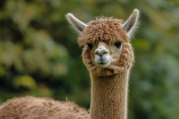 Obraz premium A fluffy alpaca standing tall with its long neck, its soft wool floating in the breeze