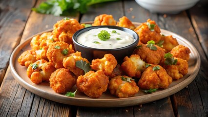 Fototapeta premium Crispy fried cauliflower florets smothered in spicy buffalo sauce and served with a side of creamy tangy dip for a satisfying snack or appetizer, finger food, savory