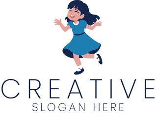 Happy Little Girl in Blue Dress Joyful Child  Playful Vector Illustration Design Fun Kid cute logo  