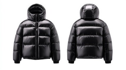 Naklejka premium Front and back views of a shiny black puffer jacket with a hood for stylish winter wear and outdoor activities