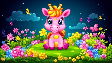 Obraz premium Charming cartoon illustration of a cute pink unicorn surrounded by vibrant flowers under a starlit sky enchanting children's artwork creation