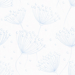 Soft delicate Blue Nature floral seamless pattern. Pencil drawing dandelion flowers on white paper texture background. Template for design, textile, wallpaper, ceramics.