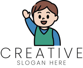 Happy Boy Raising Hand Creative Logo Design Illustration Kid Cute Icon Child Young Raised Vector    
