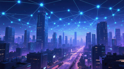 Obraz premium Tall buildings and roads, with blue dots and lines, form a complex network structure.