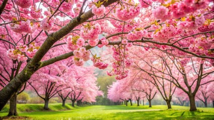 Fototapeta premium A stunning pink cherry blossom tree stands tall with delicate branches and vibrant blooms in a serene natural setting surrounded by lush greenery , garden scenery, pink cherry blossoms
