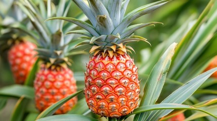 Obraz premium a vibrant cluster of ripening pineapples basks in the tropical sunlight offering a taste of the exotic and a promise of sweet refreshment amid lush foliage