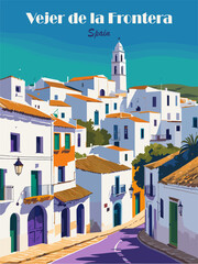 Fototapeta premium Vejer De La Frontera, Spain travel destination poster in retro style. Colorful vector art illustration