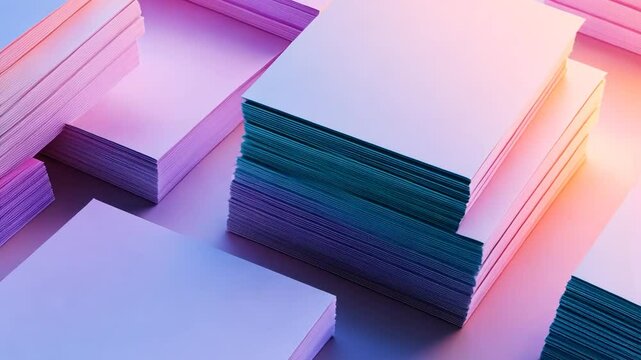 Blank Paper Stacks in Abstract Neon Lighting, Business, Art, and Creative Concepts