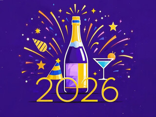 New Year 2026 celebration with  champagne bottle martini glass, fireworks, gold numbers, festive, vibrant colors, purple background, yellow accents, stars, party streamers, flat illustration style,