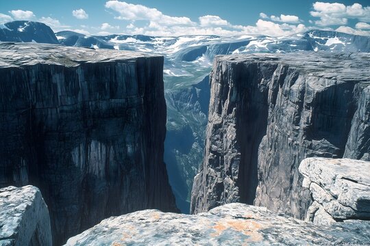 Preikestolen Pulpit Rock Norway: Majestic view of Preikestolen, Pulpit Rock in Norway.  A breathtaking panorama of sheer cliffs and deep valleys.