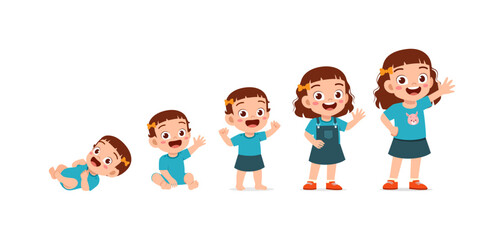 Illustration of Growing Stages of Girl From Baby to Older Kid Waving Hands and Smiling